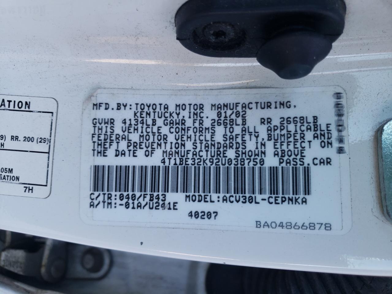 Photo 10 from auction – 2002 TOYOTA CAMRY LE with VIN 4T1BE32K92U038750