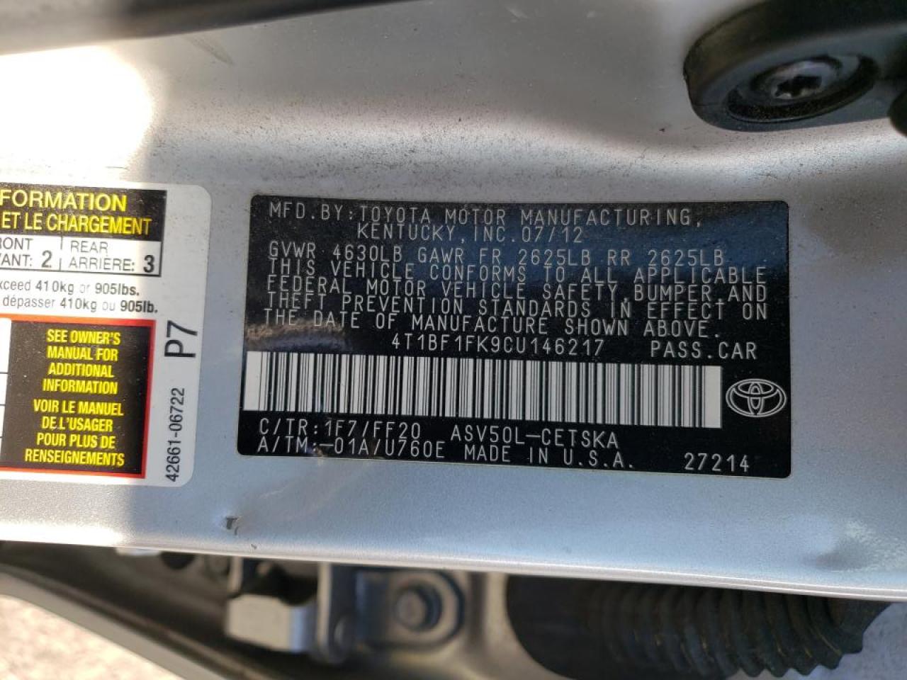 Photo 10 from auction – 2012 TOYOTA CAMRY BASE with VIN 4T1BF1FK9CU146217