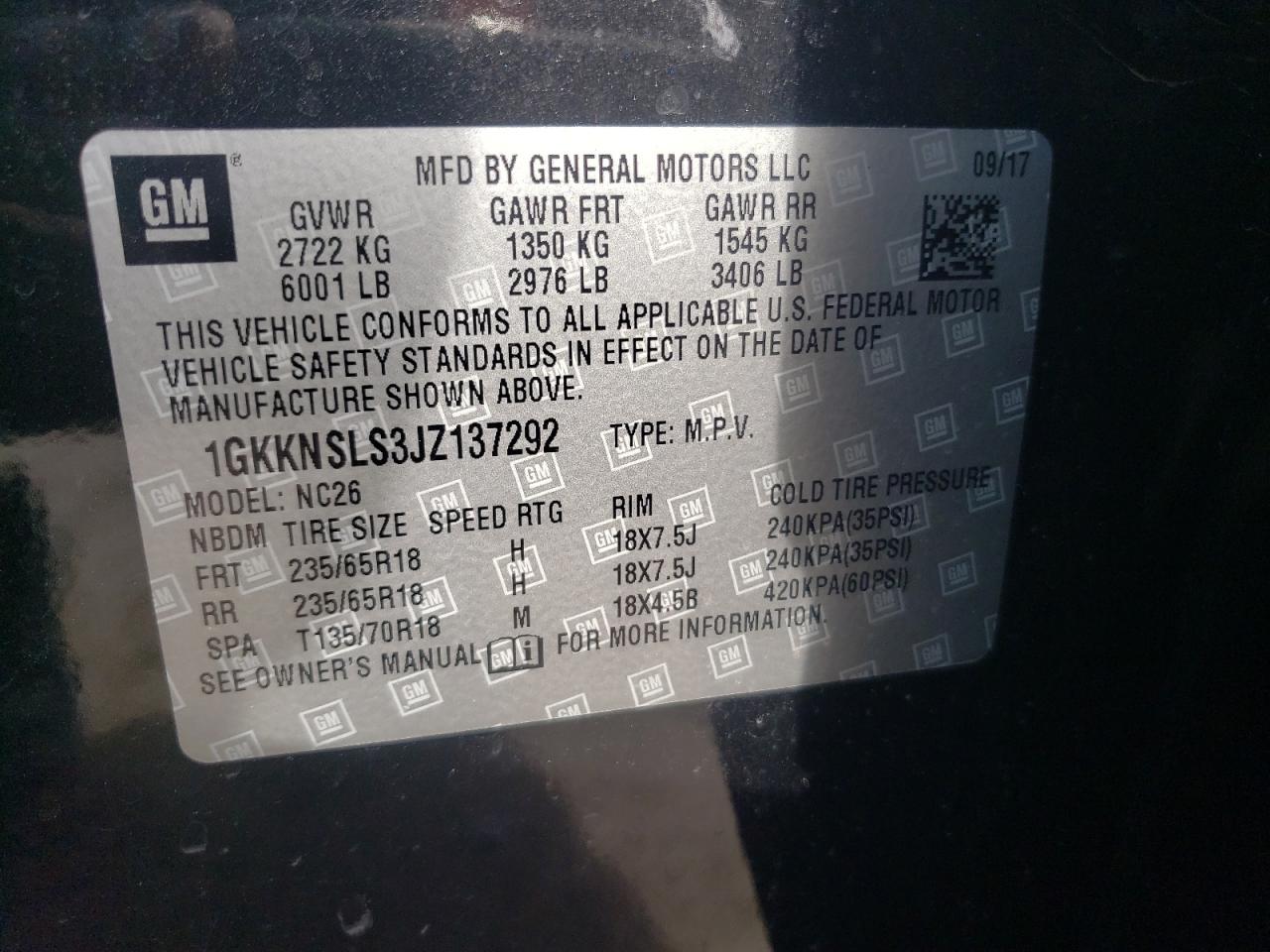 Photo 10 from auction – 2018 GMC ACADIA SLE with VIN 1GKKNSLS3JZ137292