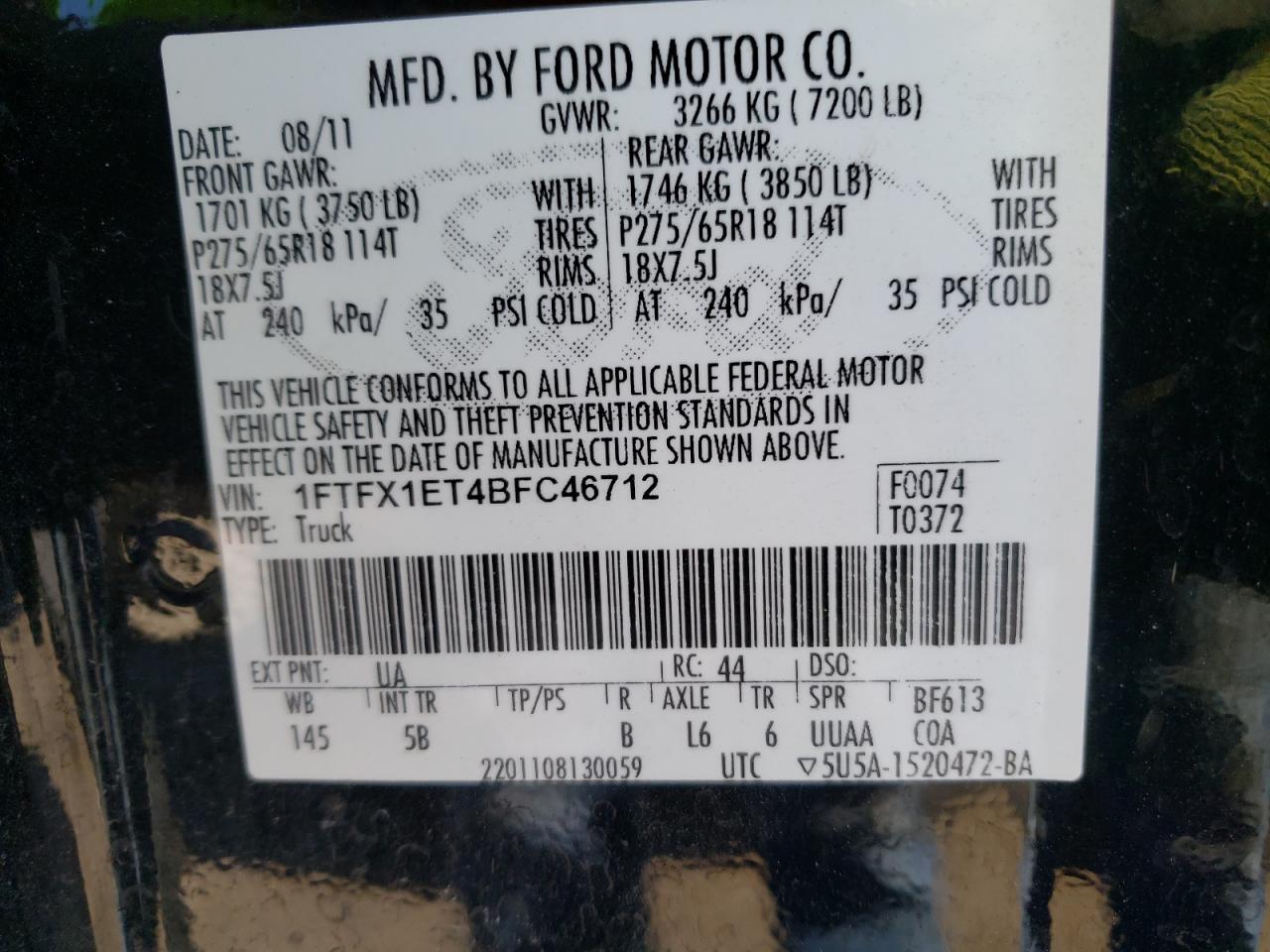Photo 10 from auction – 2011 FORD F150 SUPER with VIN 1FTFX1ET4BFC46712