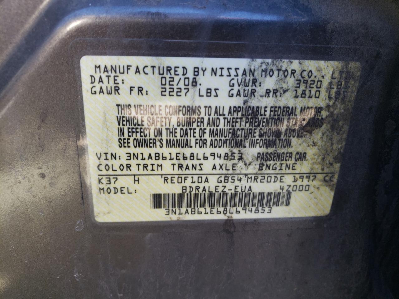 Photo 10 from auction – 2008 NISSAN SENTRA 2.0 with VIN 3N1AB61E68L694853