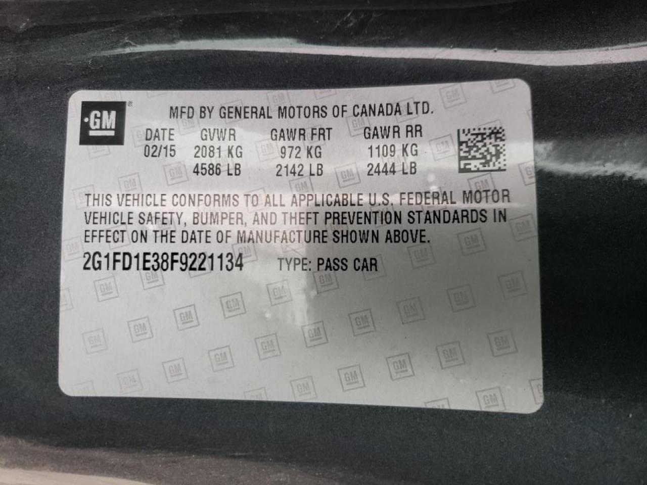 Photo 10 from auction – 2015 CHEVROLET CAMARO LT with VIN 2G1FD1E38F9221134