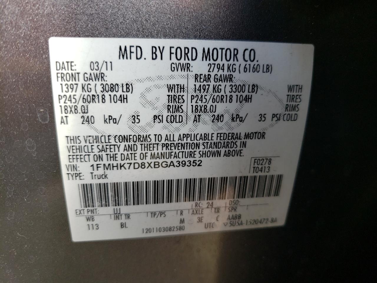 Photo 10 from auction – 2011 FORD EXPLORER X with VIN 1FMHK7D8XBGA39352