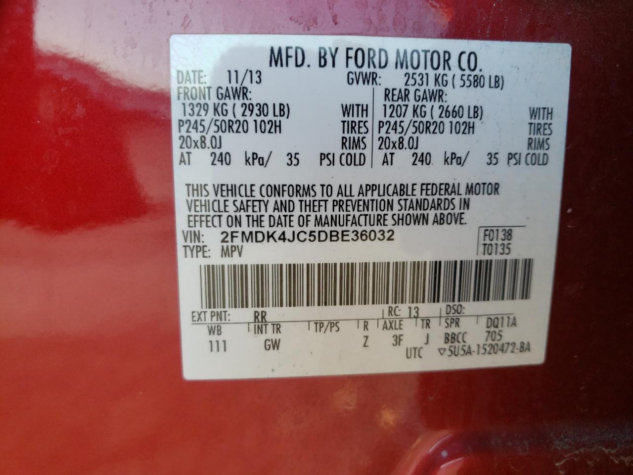 Photo 10 from auction – 2013 FORD EDGE SEL with VIN 2FMDK4JC5DBE36032