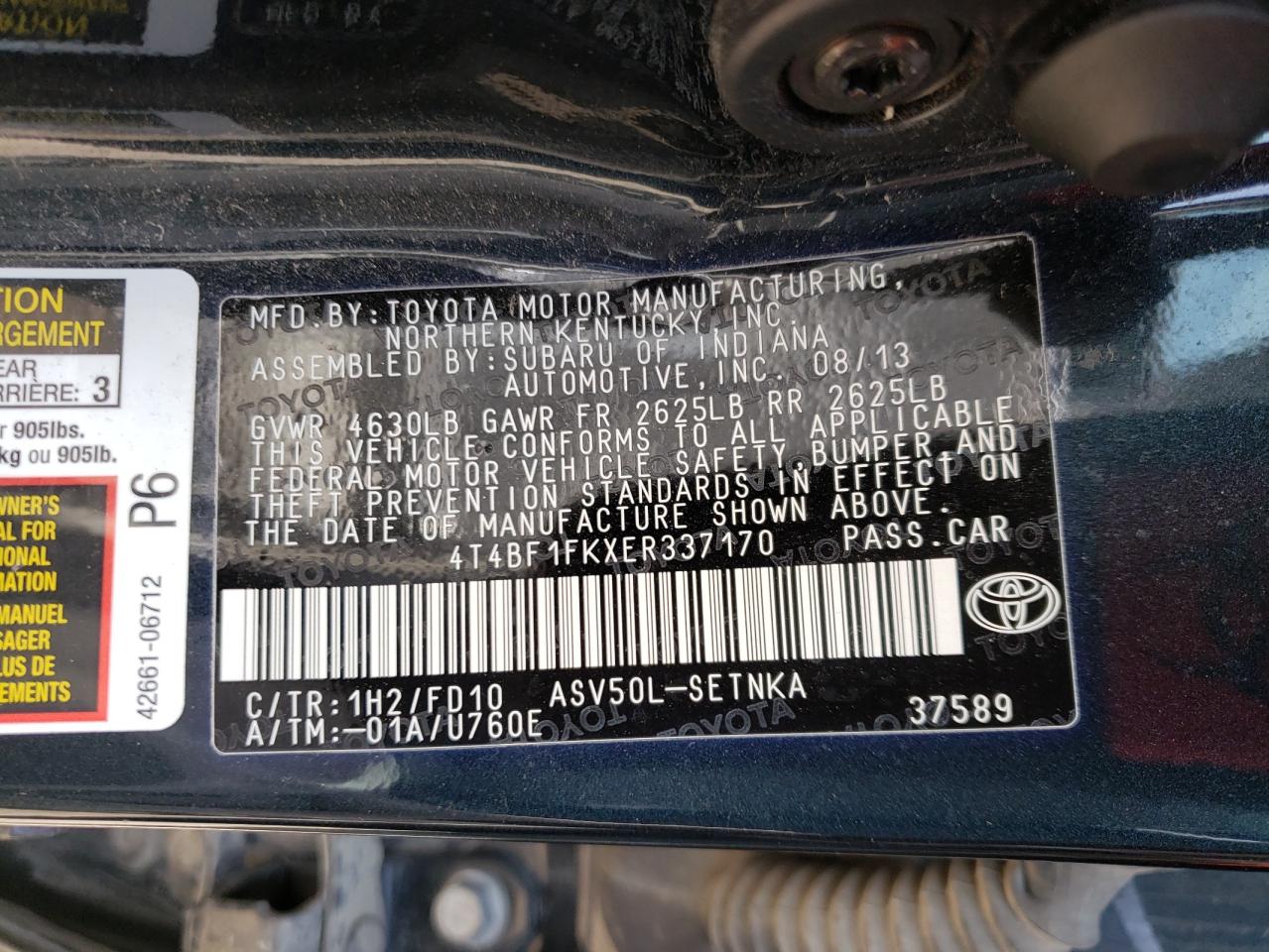 Photo 10 from auction – 2014 TOYOTA CAMRY L with VIN 4T4BF1FKXER337170