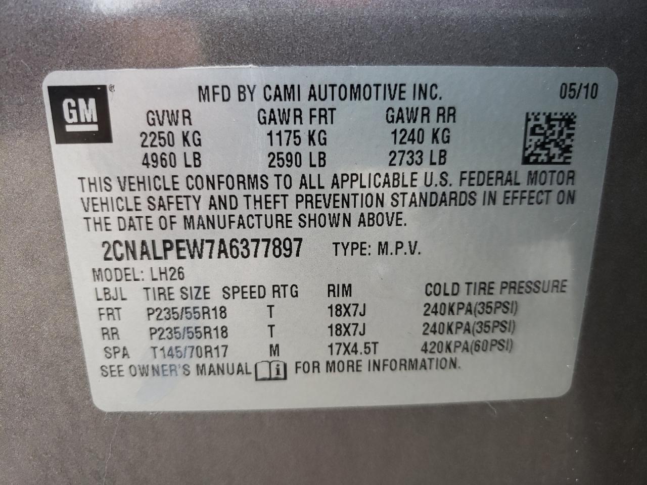 Photo 10 from auction – 2010 CHEVROLET EQUINOX LT with VIN 2CNALPEW7A6377897