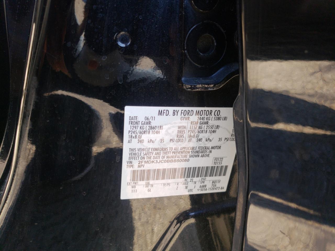 Photo 10 from auction – 2011 FORD EDGE SEL with VIN 2FMDK3JC0BBB50080