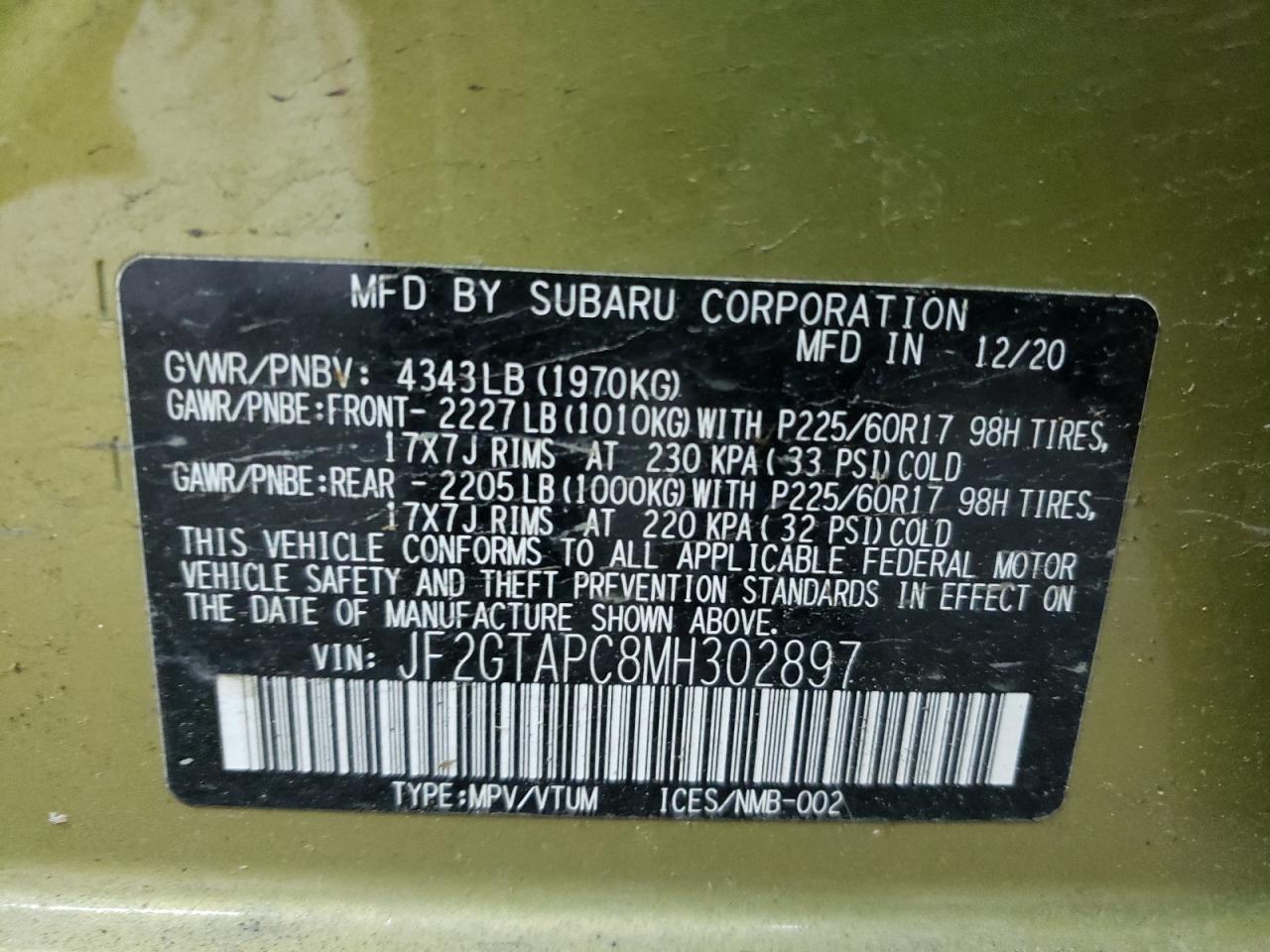 Photo 10 from auction – 2021 SUBARU CROSSTREK with VIN JF2GTAPC8MH302897