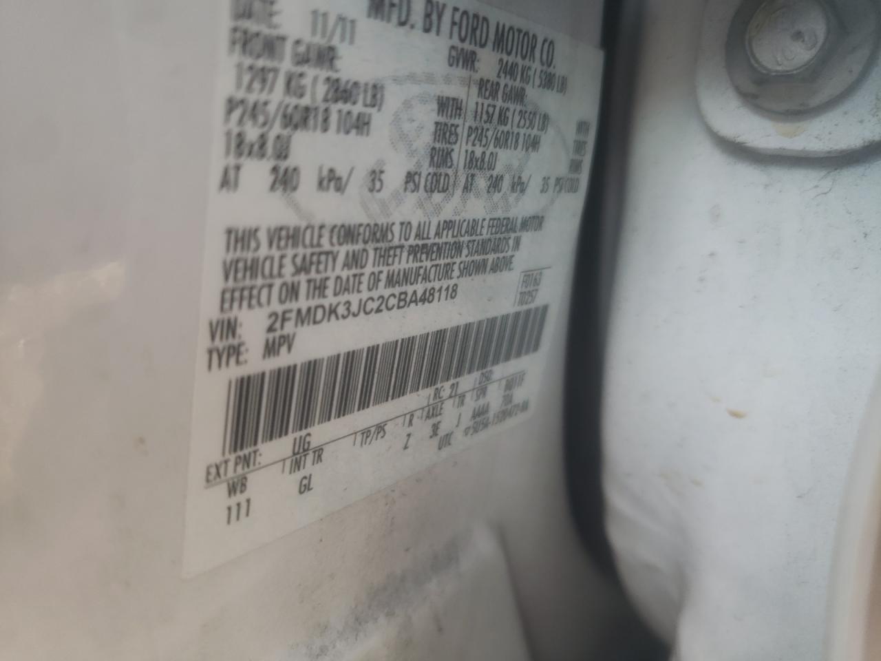 Photo 10 from auction – 2012 FORD EDGE SEL with VIN 2FMDK3JC2CBA48118