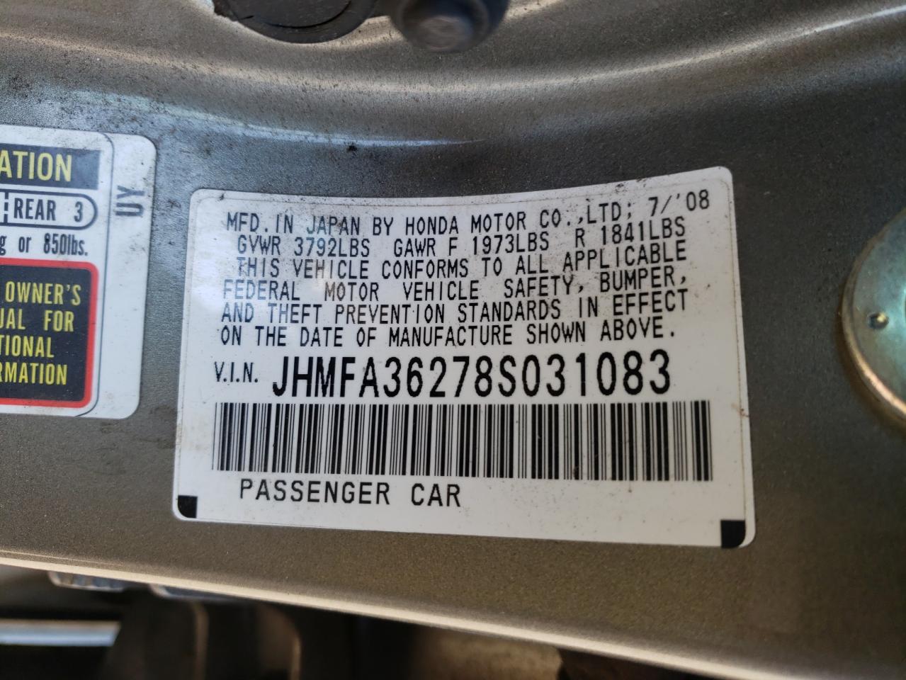 Photo 10 from auction – 2008 HONDA CIVIC HYBR with VIN JHMFA36278S031083