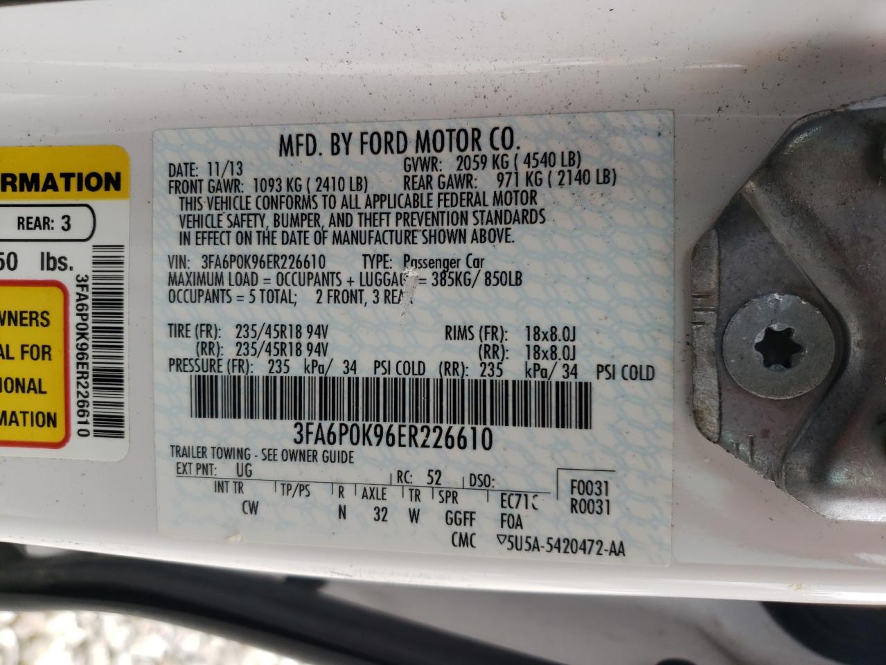 Photo 10 from auction – 2014 FORD FUSION TIT with VIN 3FA6P0K96ER226610