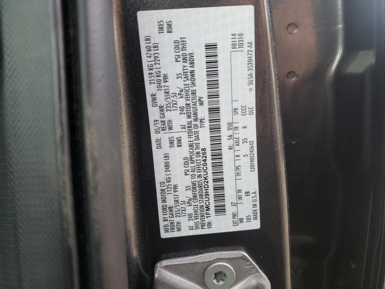 Photo 10 from auction – 2019 FORD ESCAPE SEL with VIN 1FMCU9HD2KUC04268