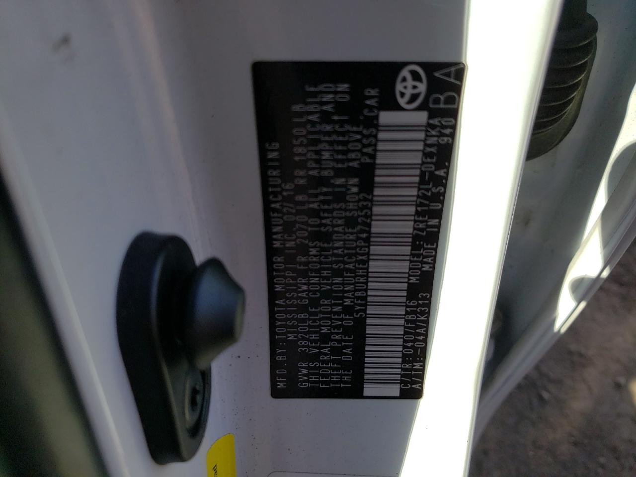 Photo 10 from auction – 2016 TOYOTA COROLLA L with VIN 5YFBURHEXGP472532