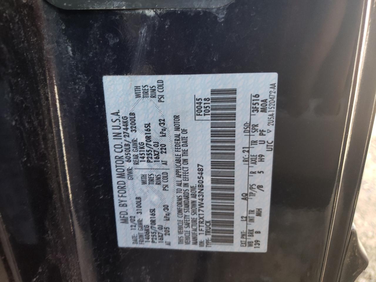 Photo 10 from auction – 2003 FORD F150 with VIN 1FTRX17W43NB05487