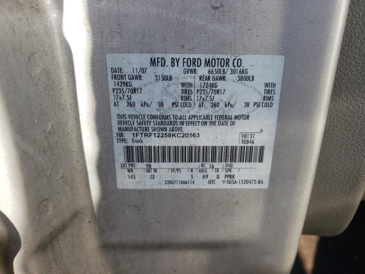 Photo 10 from auction – 2008 FORD F150 with VIN 1FTRF12258KC20163
