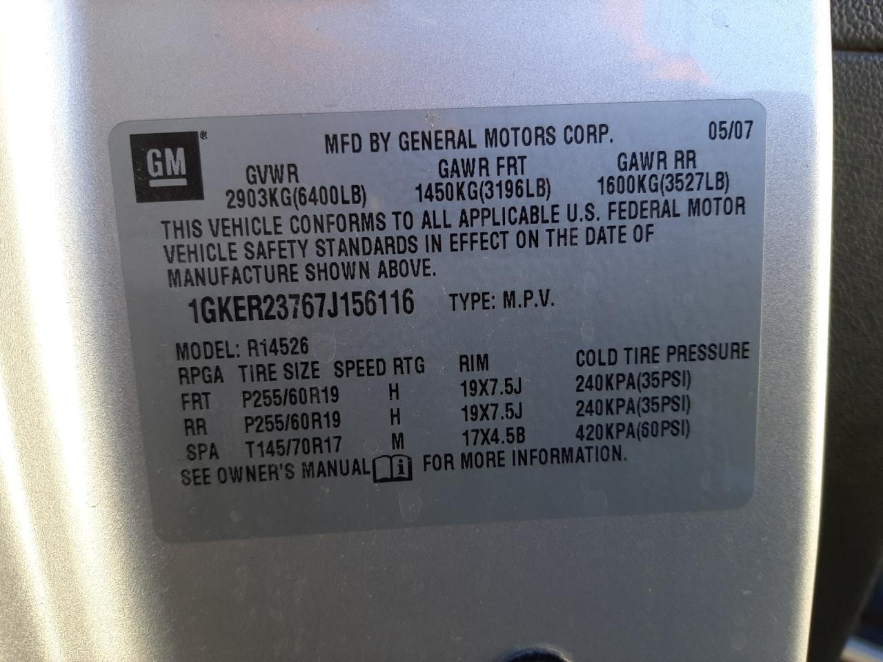 Photo 10 from auction – 2007 GMC ACADIA SLT with VIN 1GKER23767J156116
