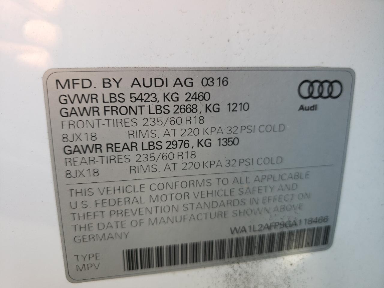 Photo 10 from auction – 2016 AUDI Q5 PREMIUM with VIN WA1L2AFP9GA118466