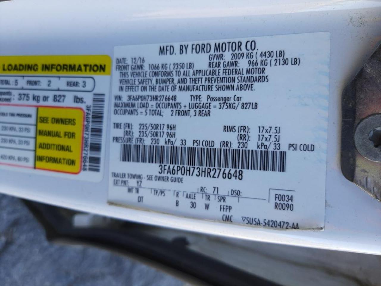 Photo 10 from auction – 2017 FORD FUSION SE with VIN 3FA6P0H73HR276648