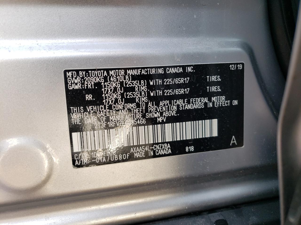 Photo 10 from auction – 2020 TOYOTA RAV4 LE with VIN 2T3F1RFV7LC085466