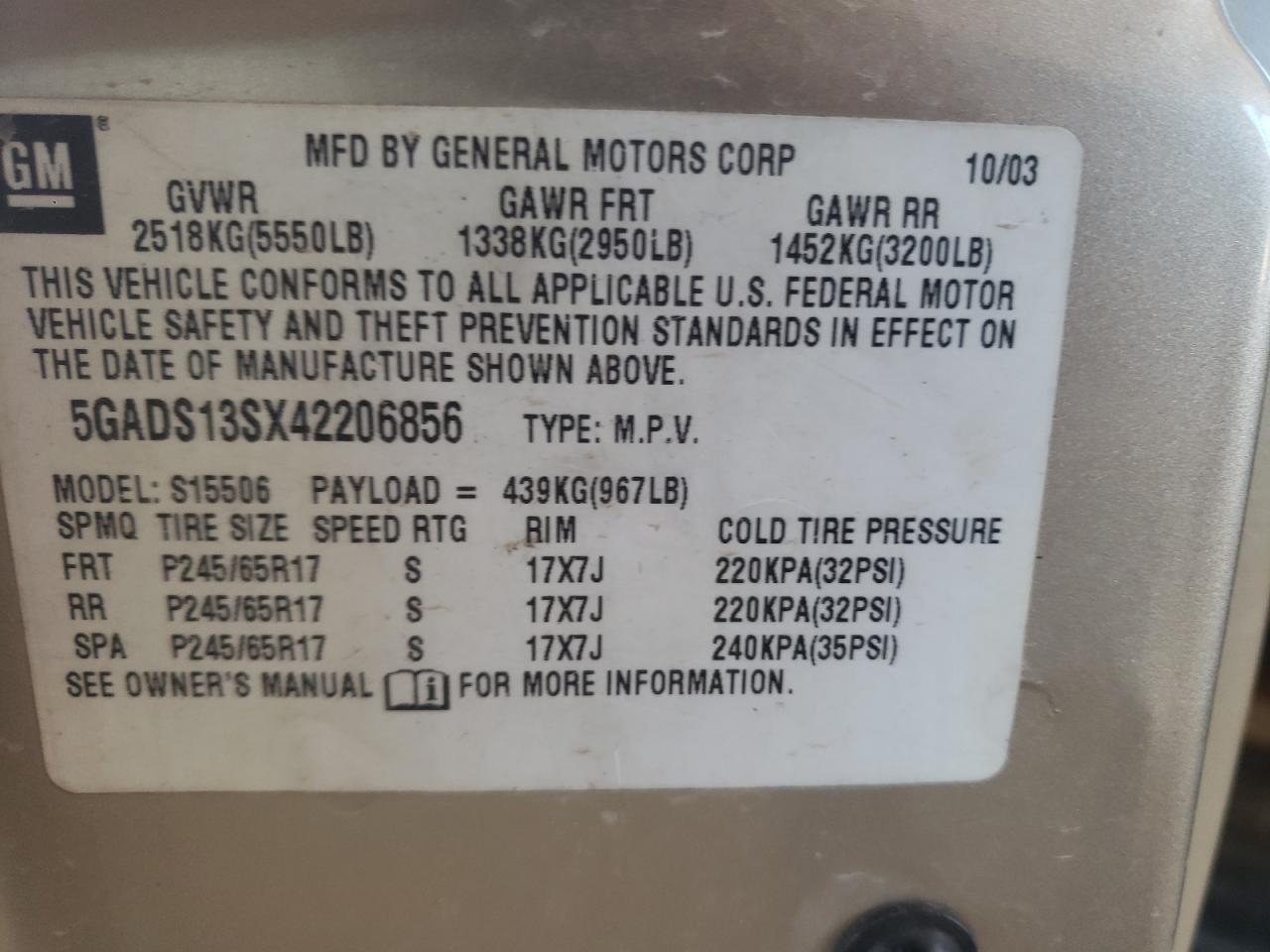 Photo 10 from auction – 2004 BUICK RAINIER CX with VIN 5GADS13SX42206856