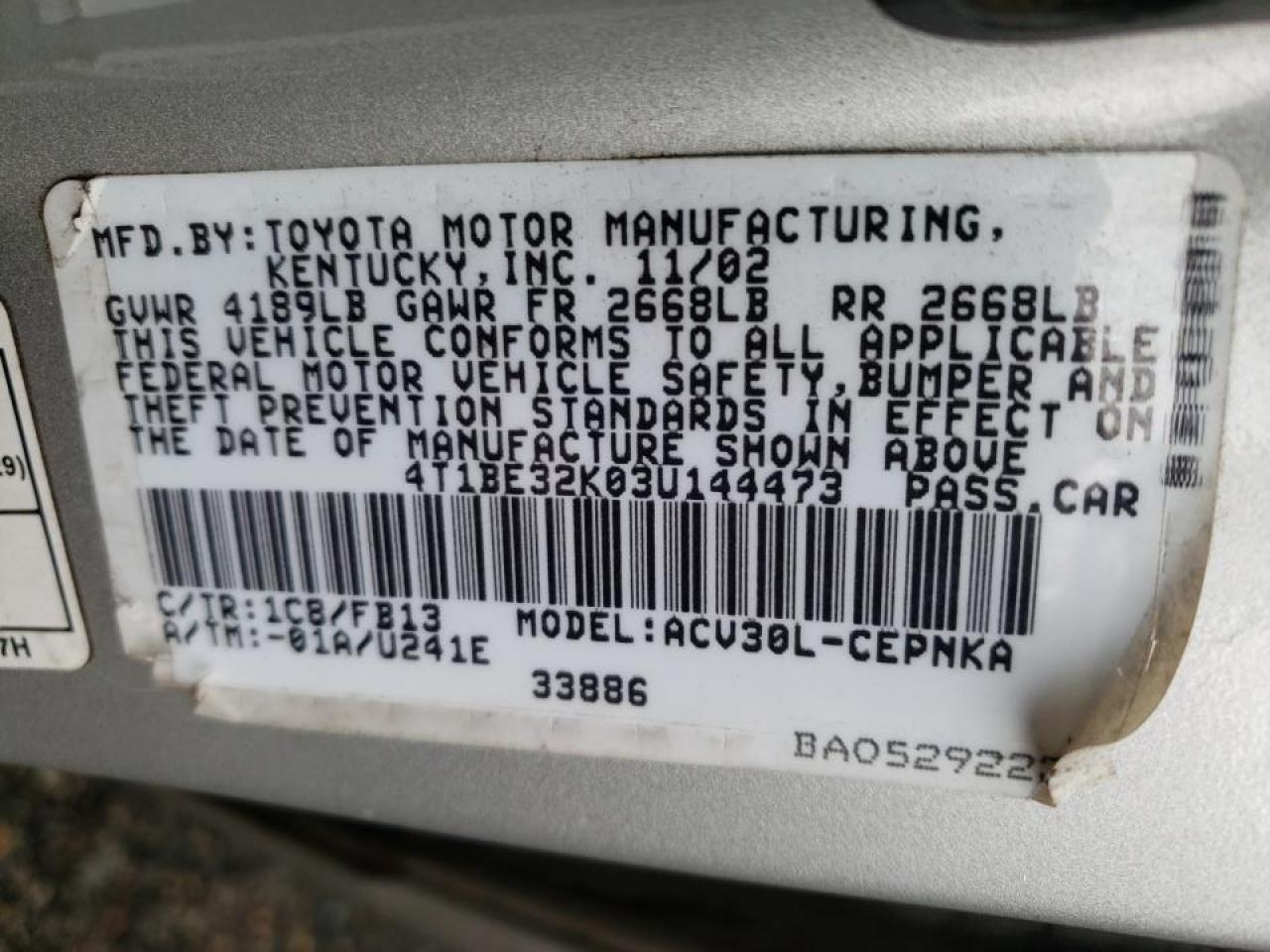 Photo 10 from auction – 2003 TOYOTA CAMRY LE with VIN 4T1BE32K03U144473