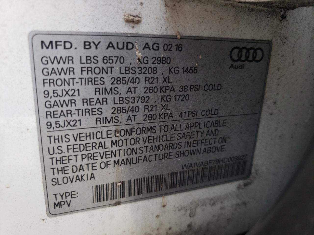 Photo 10 from auction – 2017 AUDI Q7 PRESTIG with VIN WA1VABF79HD009927