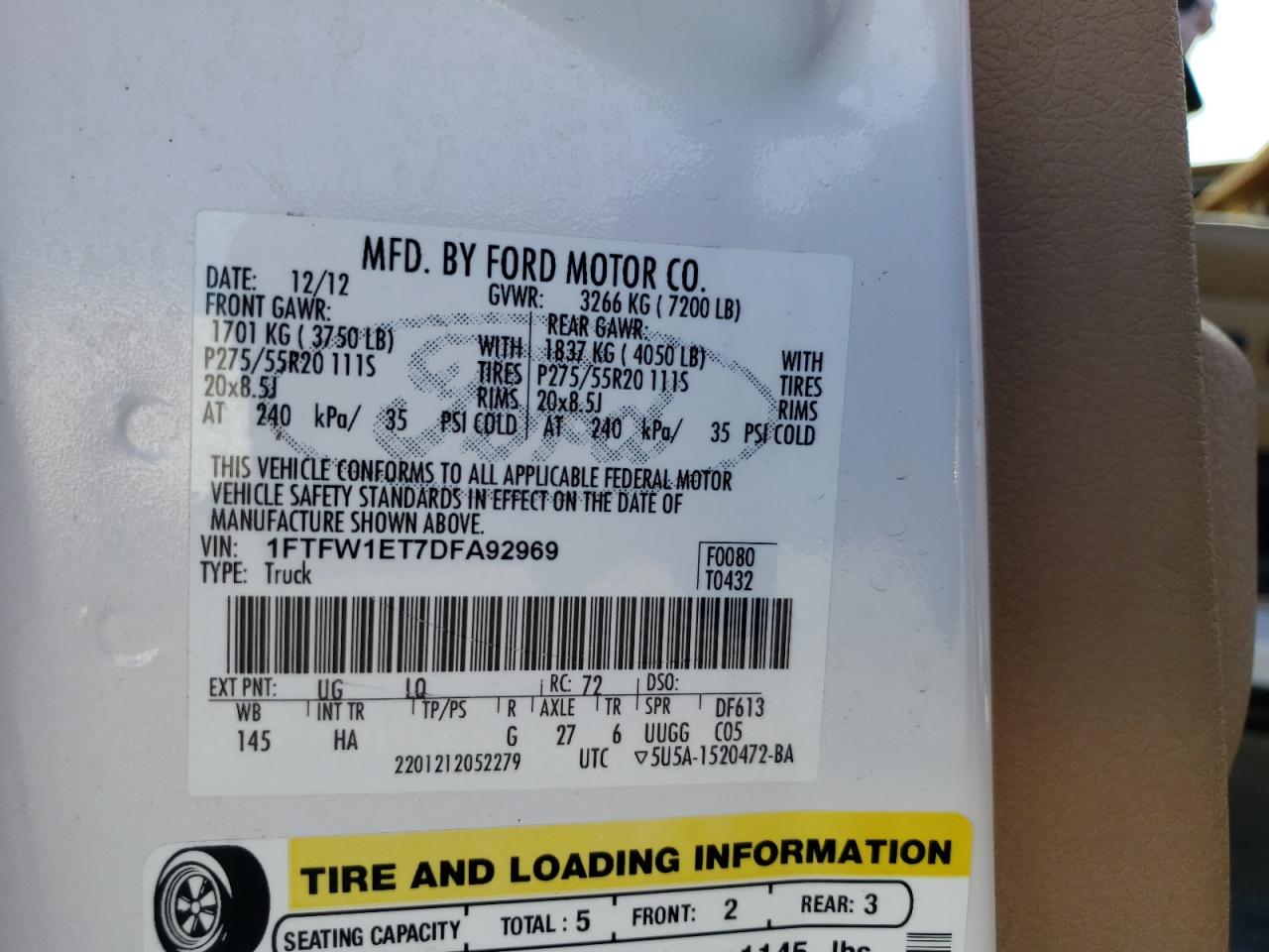 Photo 10 from auction – 2013 FORD F150 SUPER with VIN 1FTFW1ET7DFA92969