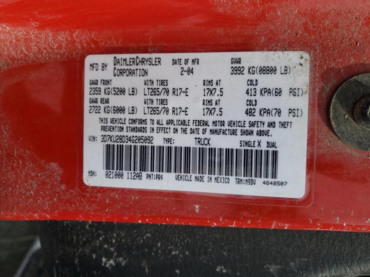 Photo 10 from auction – 2004 DODGE RAM 2500 S with VIN 3D7KU28D34G205092