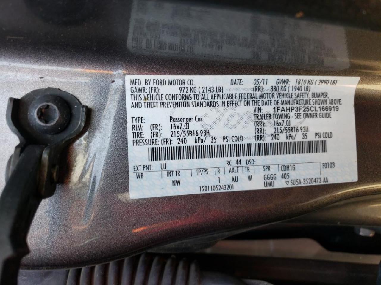Photo 10 from auction – 2012 FORD FOCUS SE with VIN 1FAHP3F25CL166919