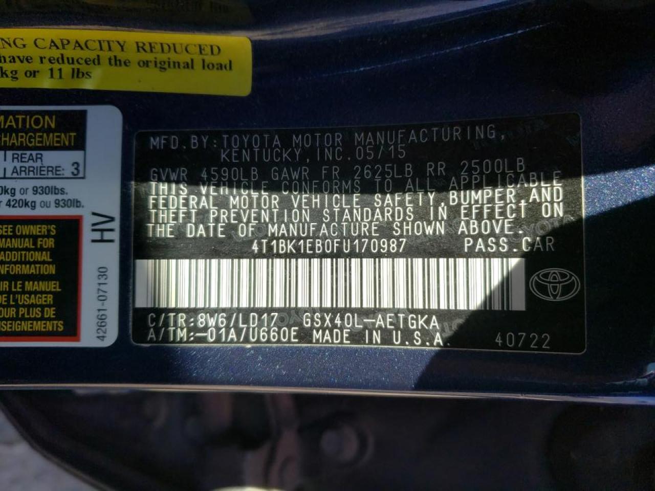 Photo 10 from auction – 2015 TOYOTA AVALON XLE with VIN 4T1BK1EB0FU170987