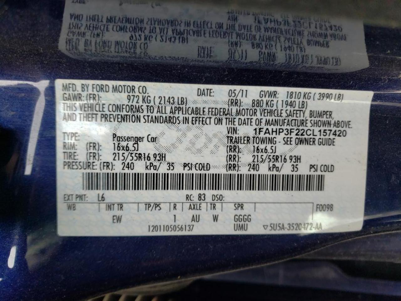 Photo 10 from auction – 2012 FORD FOCUS SE with VIN 1FAHP3F22CL157420