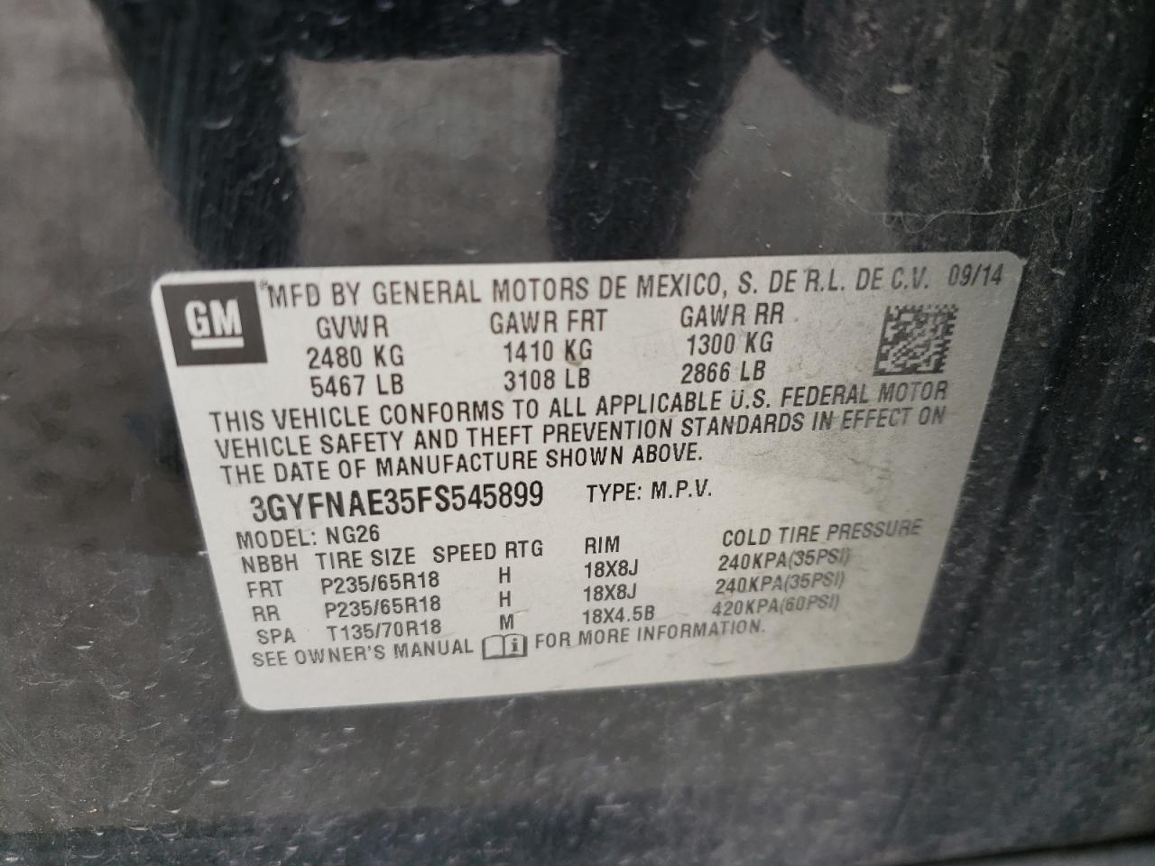 Photo 10 from auction – 2015 CADILLAC SRX with VIN 3GYFNAE35FS545899