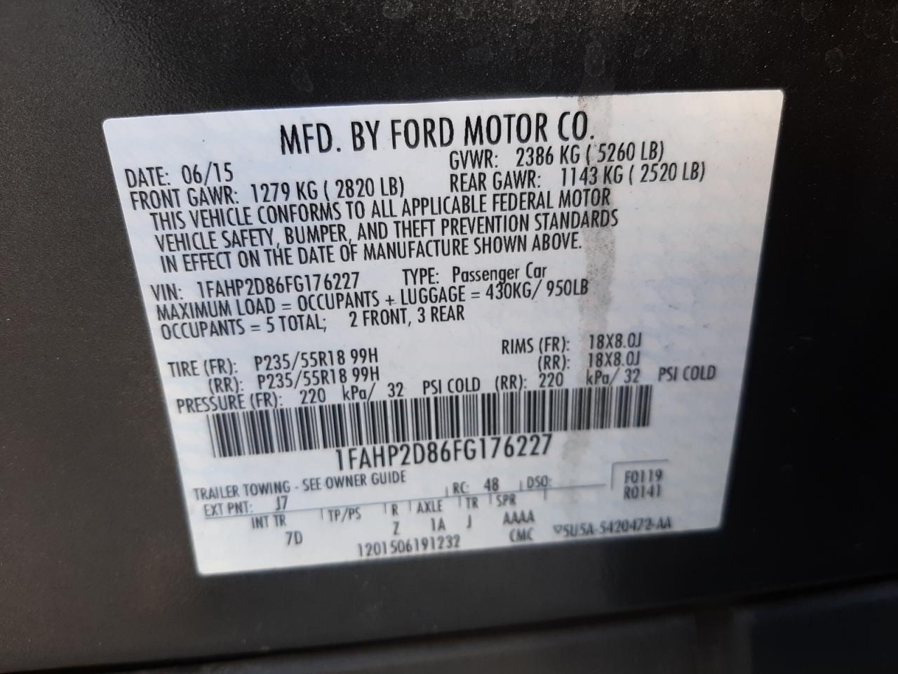 Photo 10 from auction – 2015 FORD TAURUS SE with VIN 1FAHP2D86FG176227