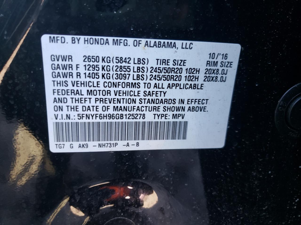 Photo 10 from auction – 2016 HONDA PILOT TOUR with VIN 5FNYF6H96GB125278