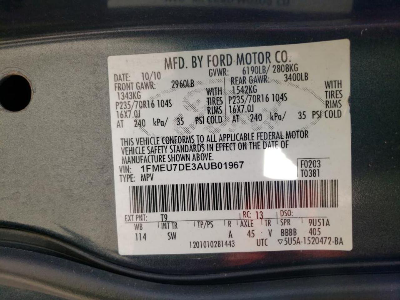 Photo 10 from auction – 2010 FORD EXPLORER X with VIN 1FMEU7DE3AUB01967