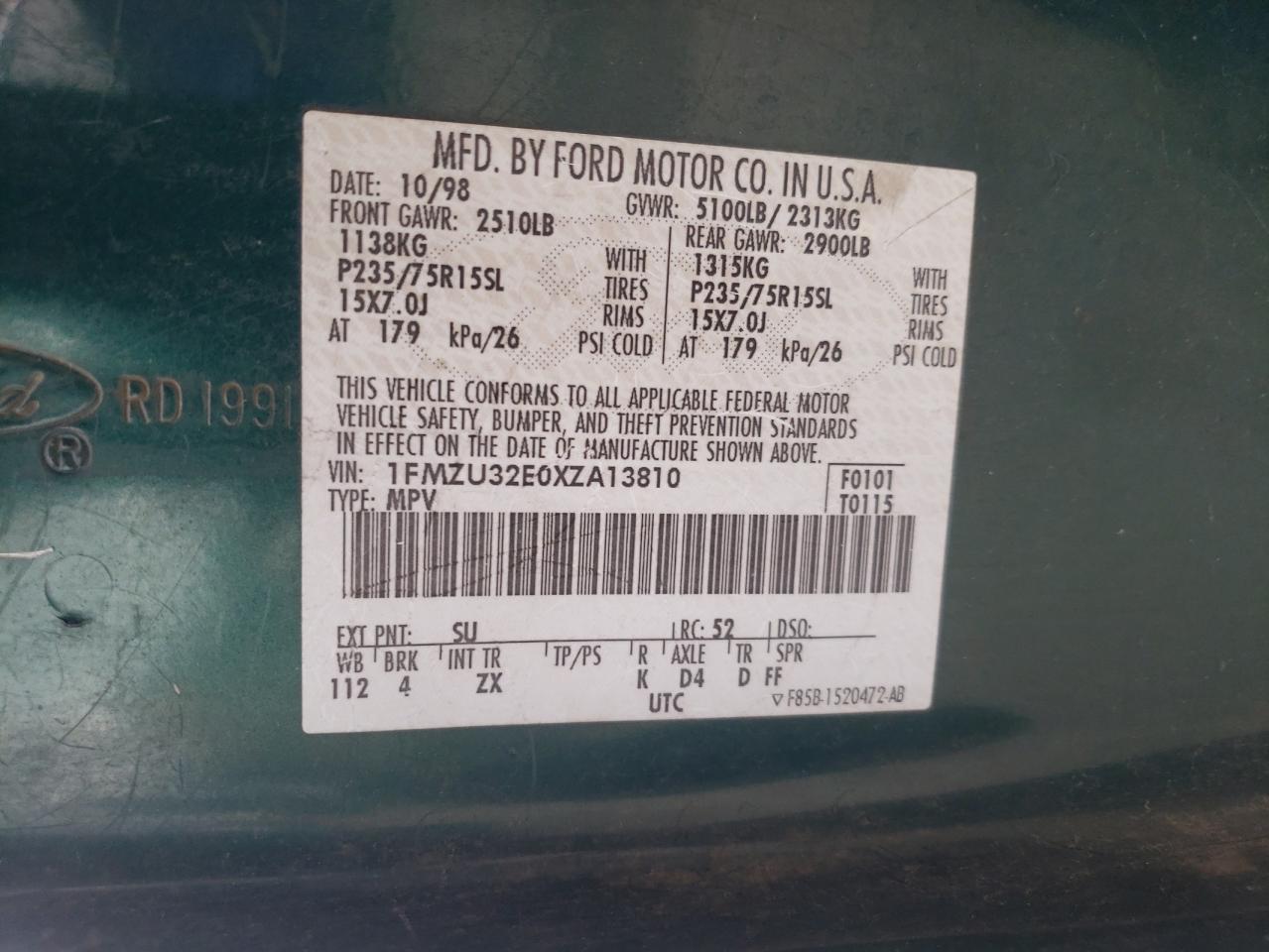 Photo 10 from auction – 1999 FORD EXPLORER with VIN 1FMZU32E0XZA13810
