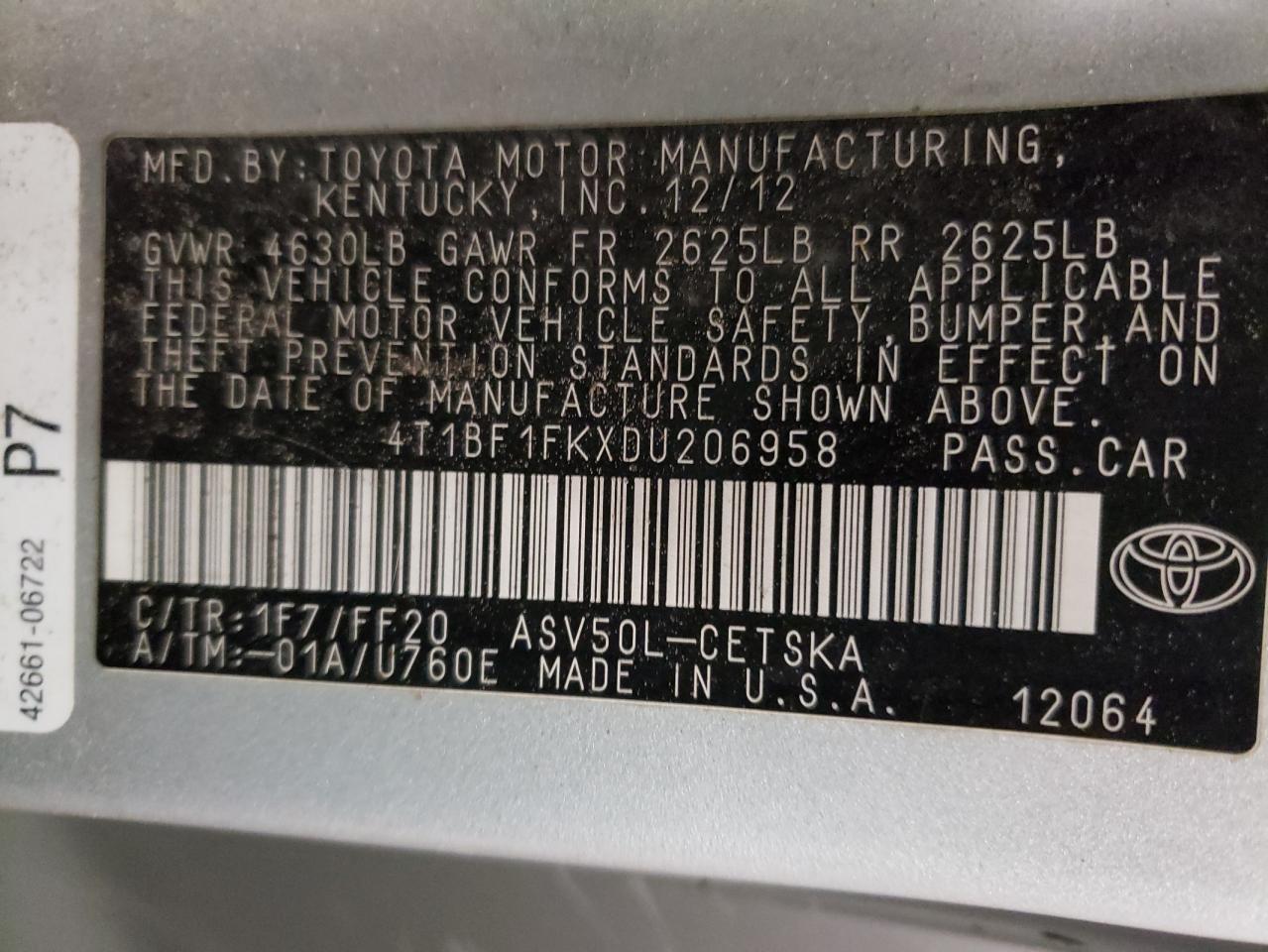 Photo 10 from auction – 2013 TOYOTA CAMRY L with VIN 4T1BF1FKXDU206958