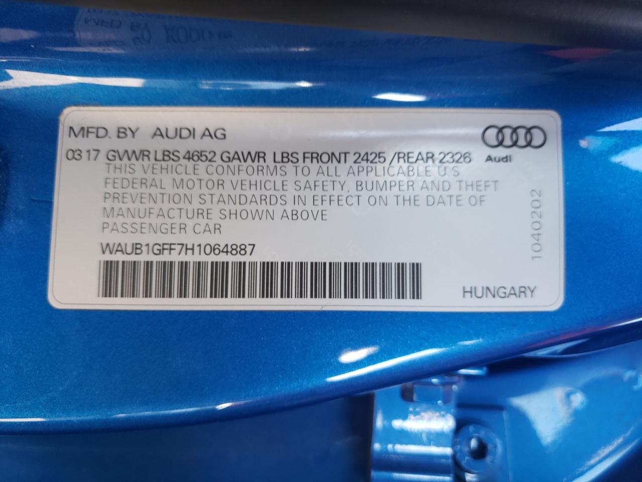 Photo 10 from auction – 2017 AUDI S3 PREMIUM with VIN WAUB1GFF7H1064887