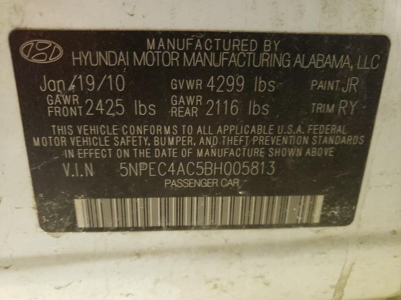 Photo 10 from auction – 2011 HYUNDAI SONATA SE with VIN 5NPEC4AC5BH005813