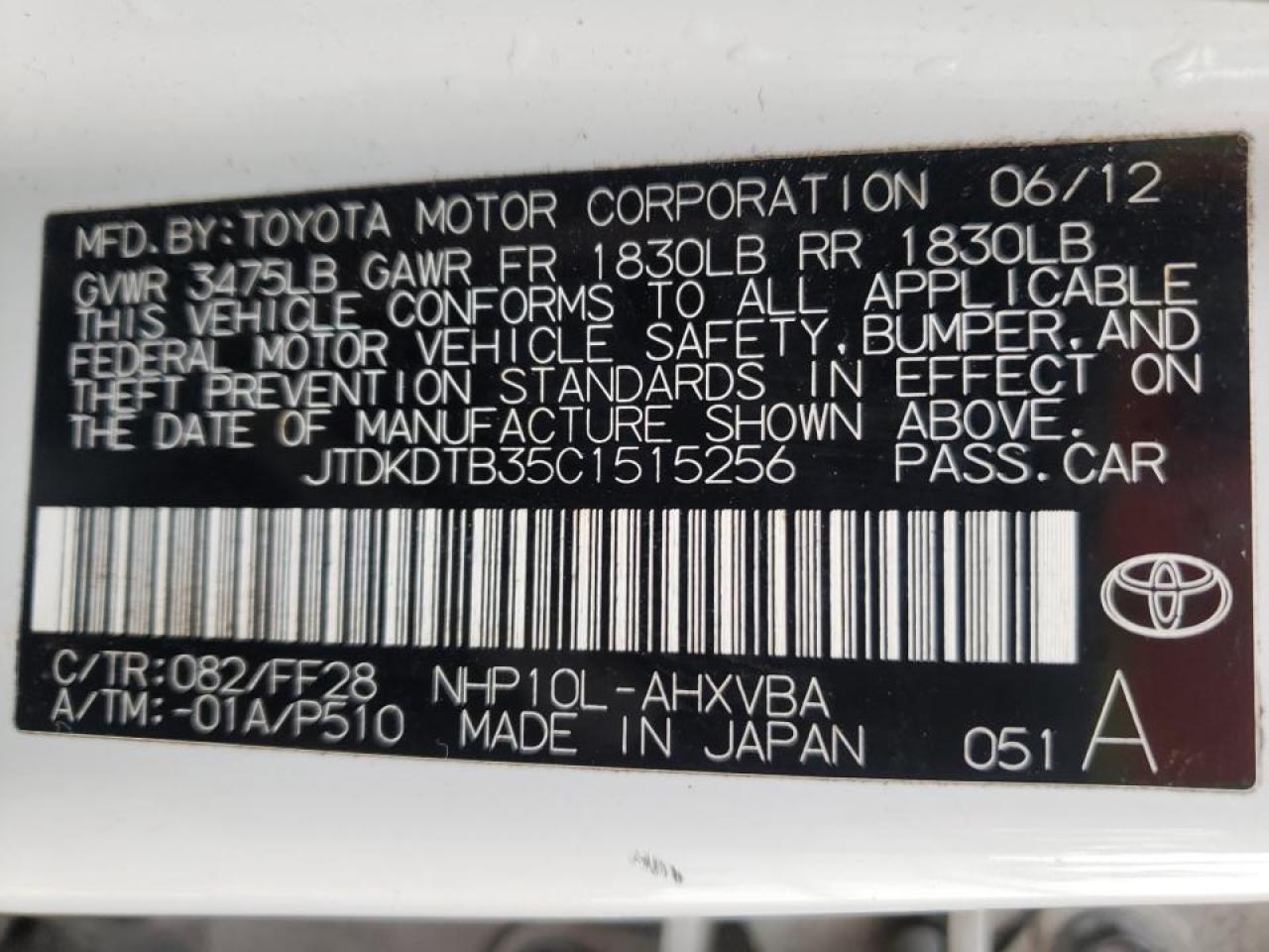 Photo 10 from auction – 2012 TOYOTA PRIUS C with VIN JTDKDTB35C1515256