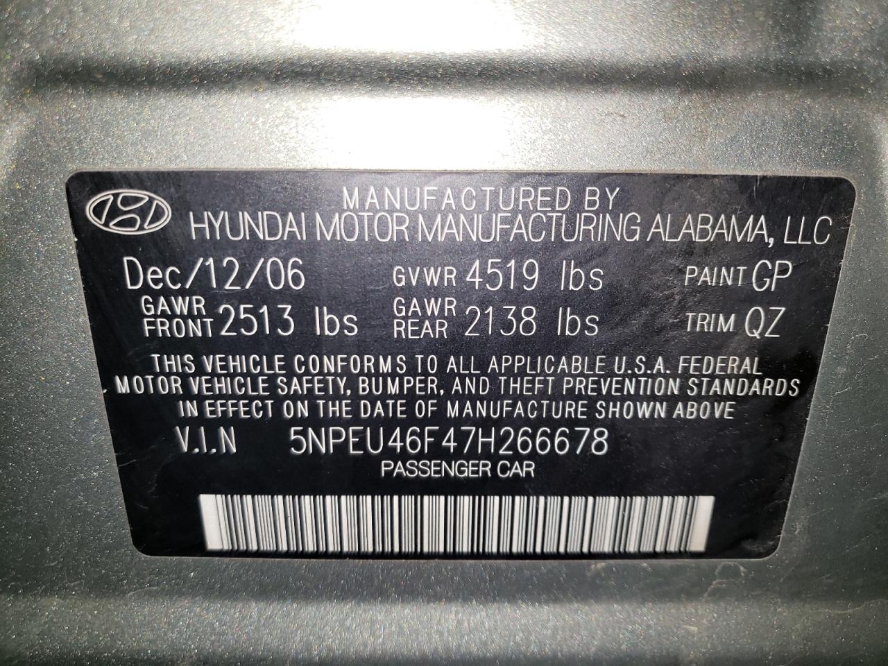 Photo 10 from auction – 2007 HYUNDAI SONATA SE with VIN 5NPEU46F47H266678