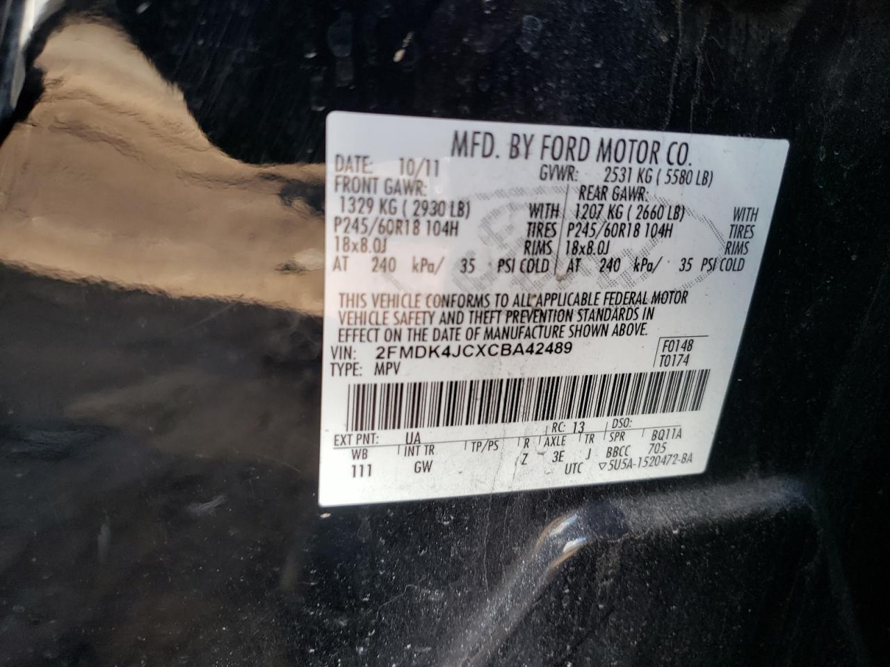 Photo 10 from auction – 2012 FORD EDGE SEL with VIN 2FMDK4JCXCBA42489