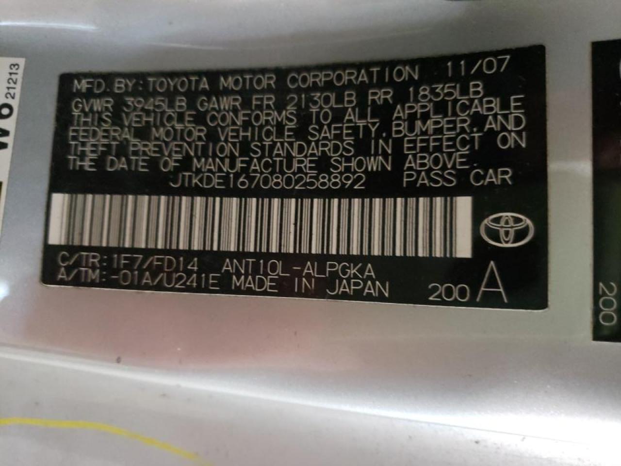 Photo 10 from auction – 2008 TOYOTA SCION TC with VIN JTKDE167080258892