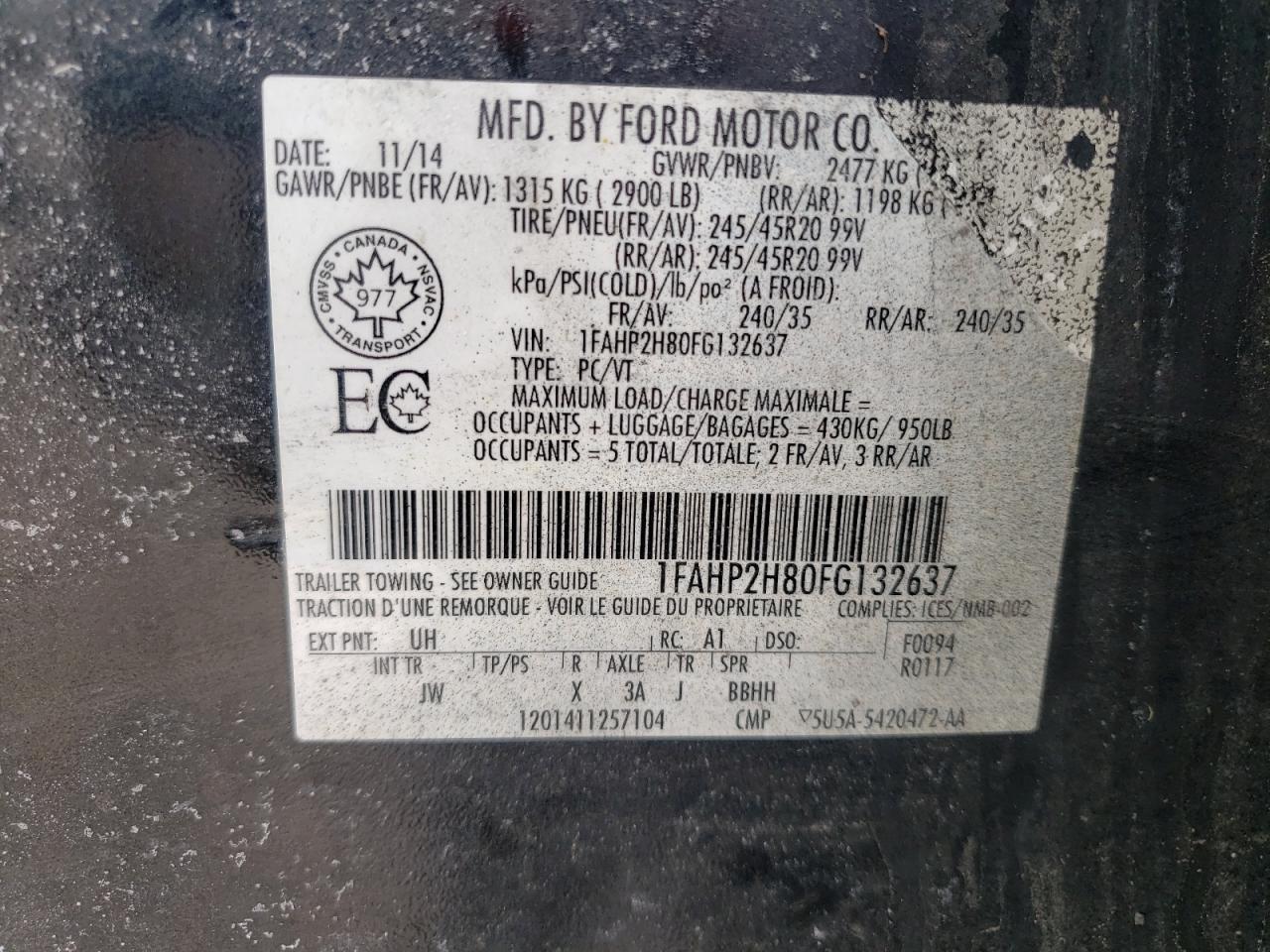 Photo 10 from auction – 2015 FORD TAURUS SEL with VIN 1FAHP2H80FG132637
