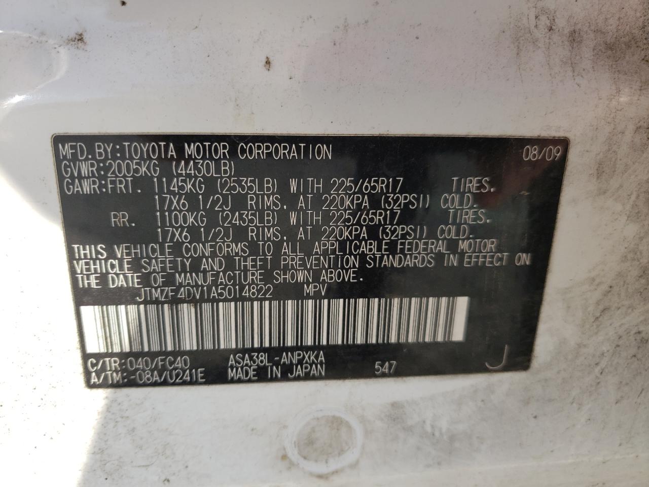 Photo 10 from auction – 2010 TOYOTA RAV4 with VIN JTMZF4DV1A5014822