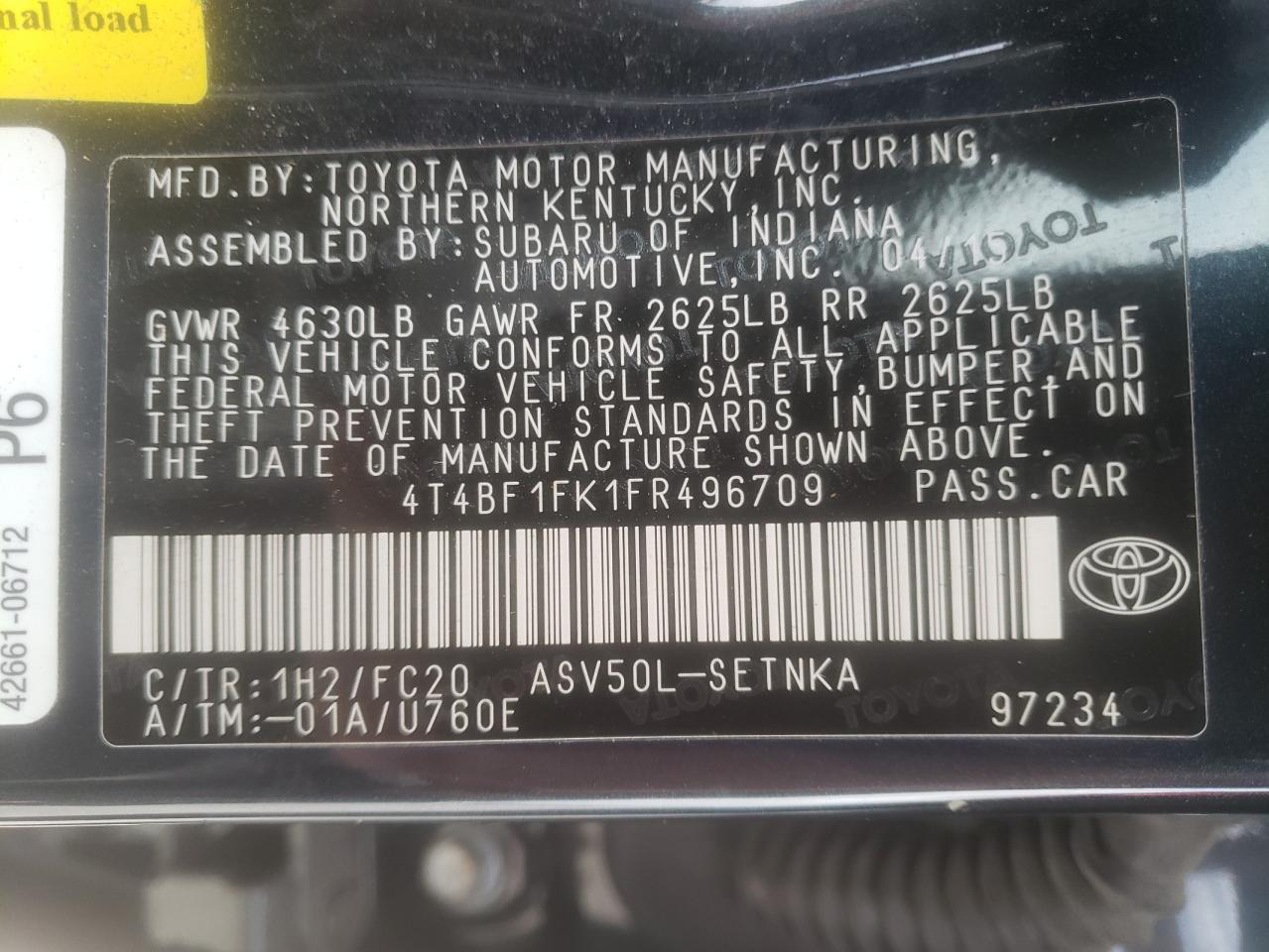 Photo 10 from auction – 2015 TOYOTA CAMRY LE with VIN 4T4BF1FK1FR496709