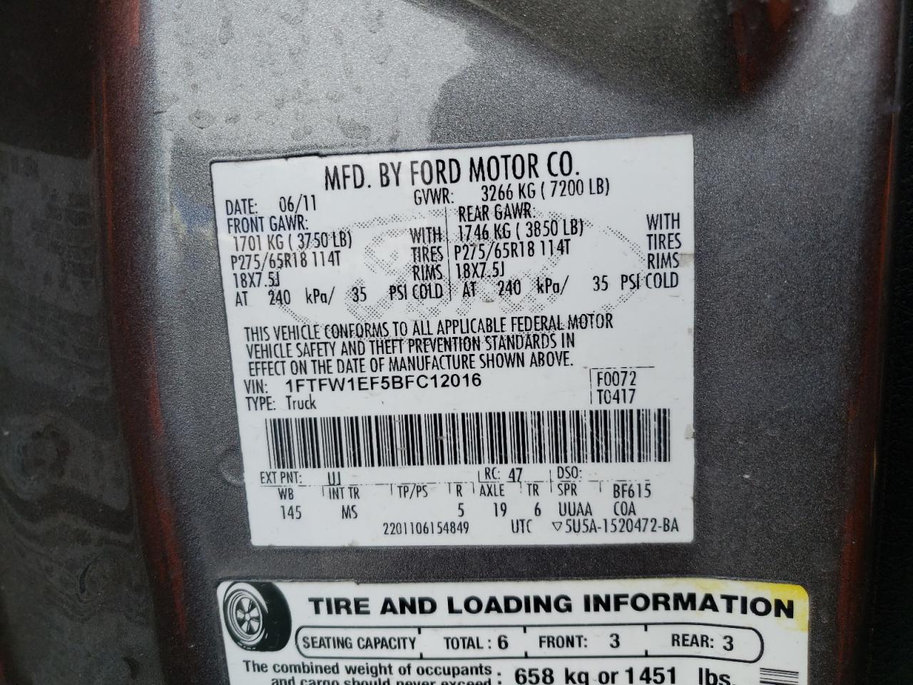 Photo 10 from auction – 2011 FORD F150 SUPER with VIN 1FTFW1EF5BFC12016
