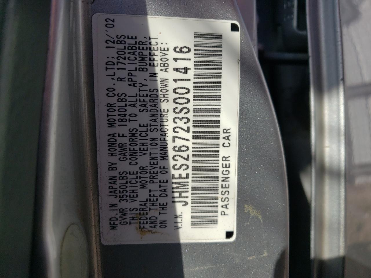 Photo 10 from auction – 2003 HONDA CIVIC EX with VIN JHMES26723S001416