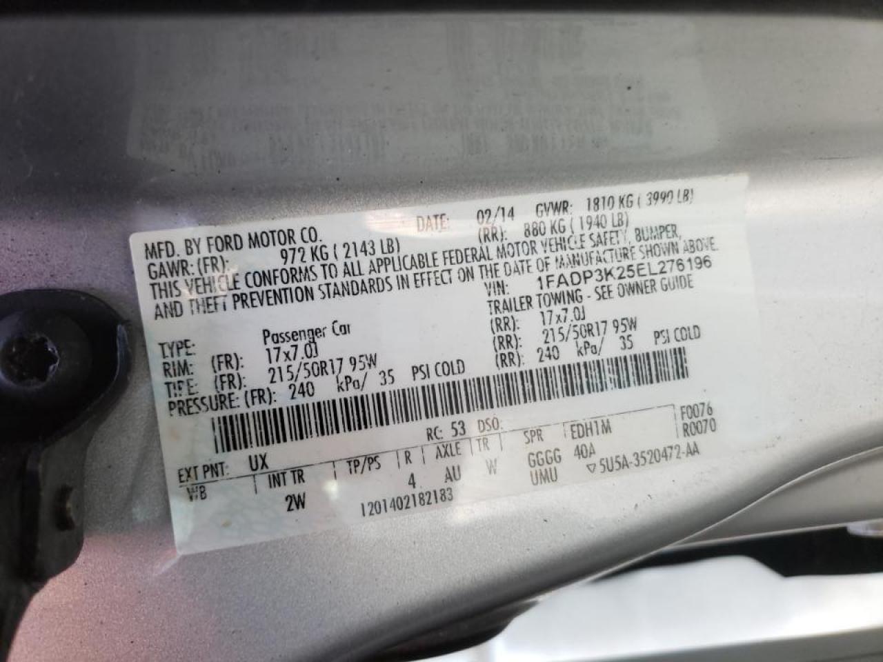 Photo 10 from auction – 2014 FORD FOCUS SE with VIN 1FADP3K25EL276196