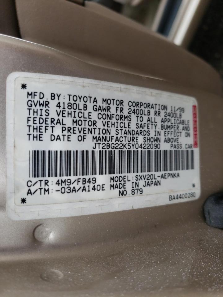 Photo 10 from auction – 2000 TOYOTA CAMRY CE with VIN JT2BG22K5Y0422090
